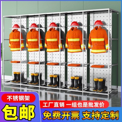 不锈钢消防服架战斗服防火服更衣柜双面可旋转救援服衣帽储物衣架图3