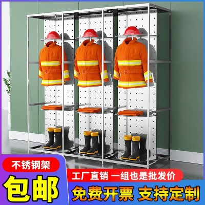不锈钢消防服架战斗服防火服更衣柜双面可旋转救援服衣帽储物衣架图2
